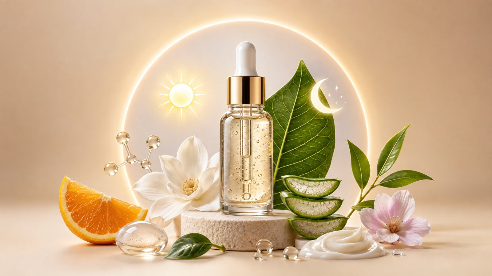 A dropper serum styled with orange, aloe and molecule models, the vitamin C format most people start with