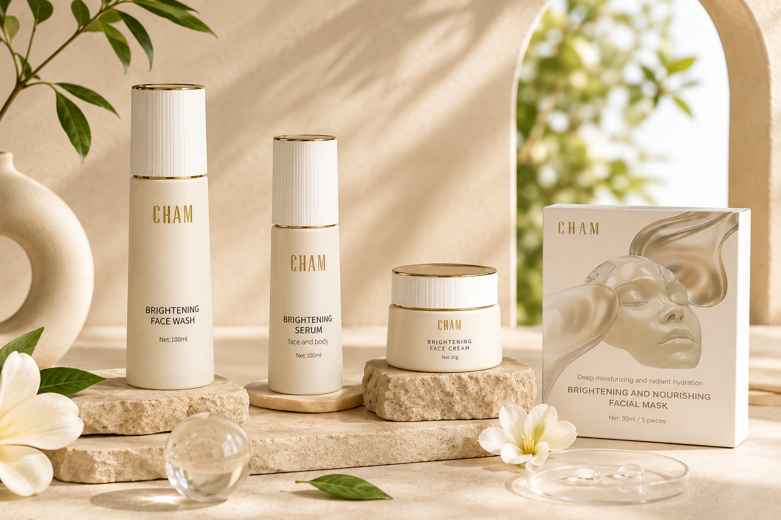 The Cham range on stone: formulas built light and labelled non-comedogenic
