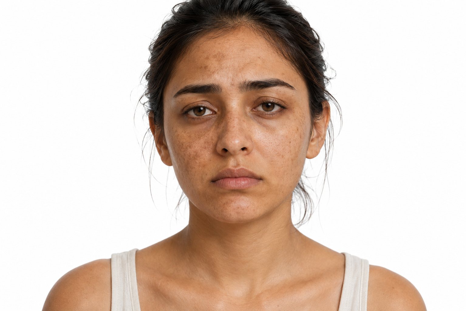 Face and neck carry the same pigment machinery, and marks on both read in plain light