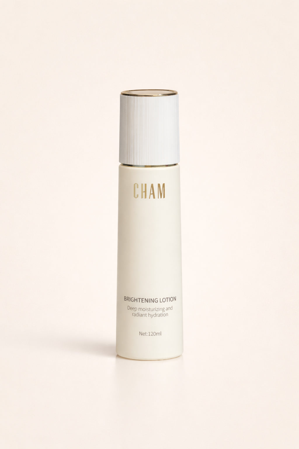 A bottle of Cham Brightening Body Lotion on a pale background