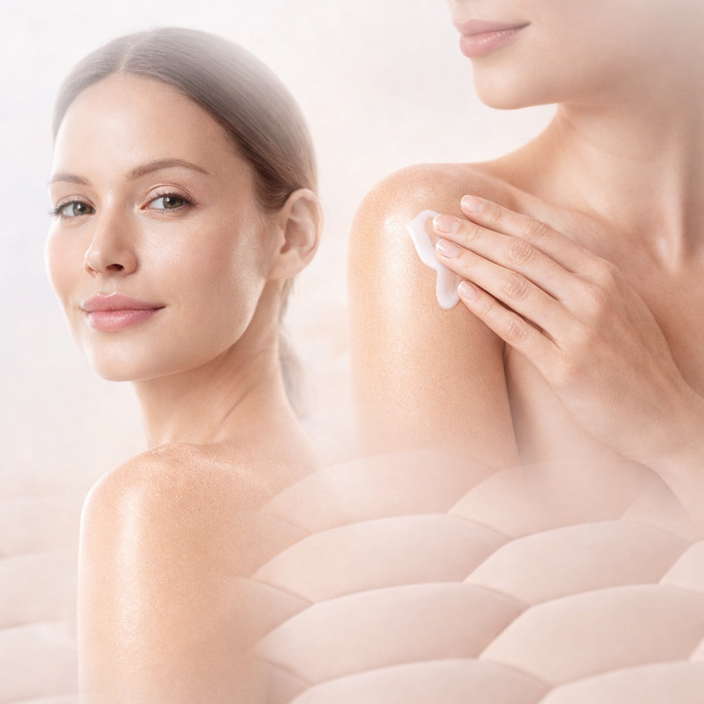 A woman applying lotion to her shoulder