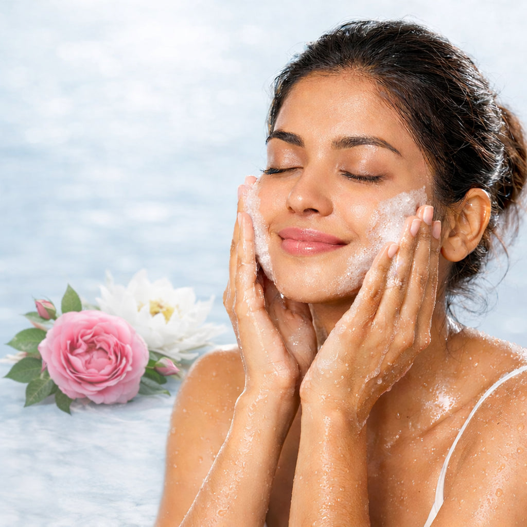 A woman lathering a cleanser on her face beside a pink rose