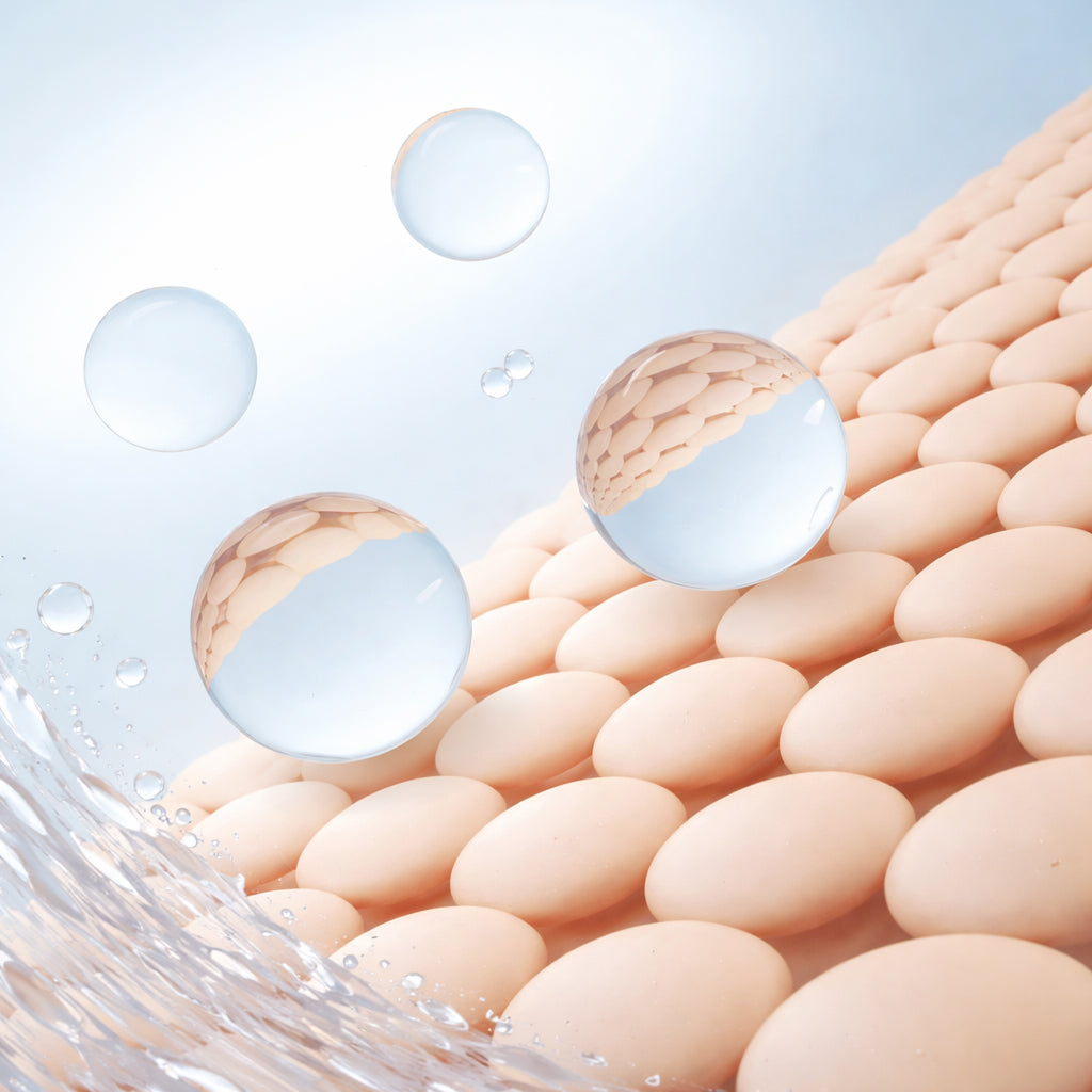 An illustration of skin surface cells with water droplets above them