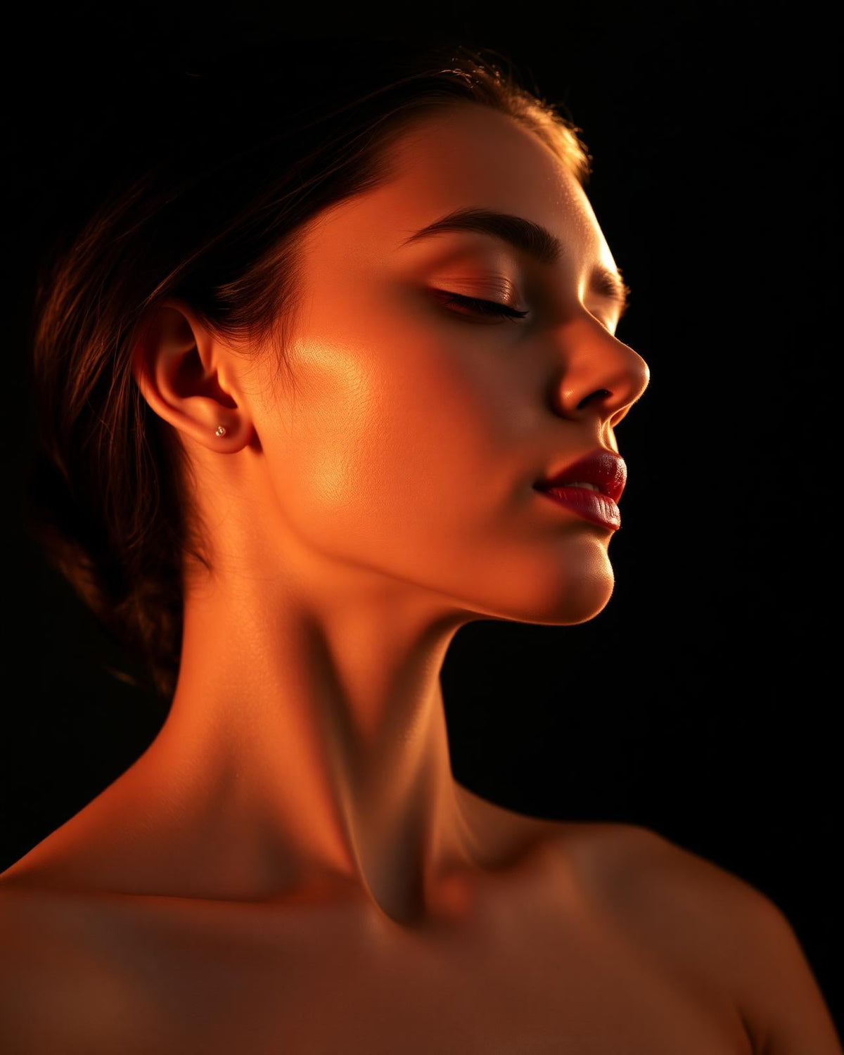A profile portrait lit in warm golden light against a dark background